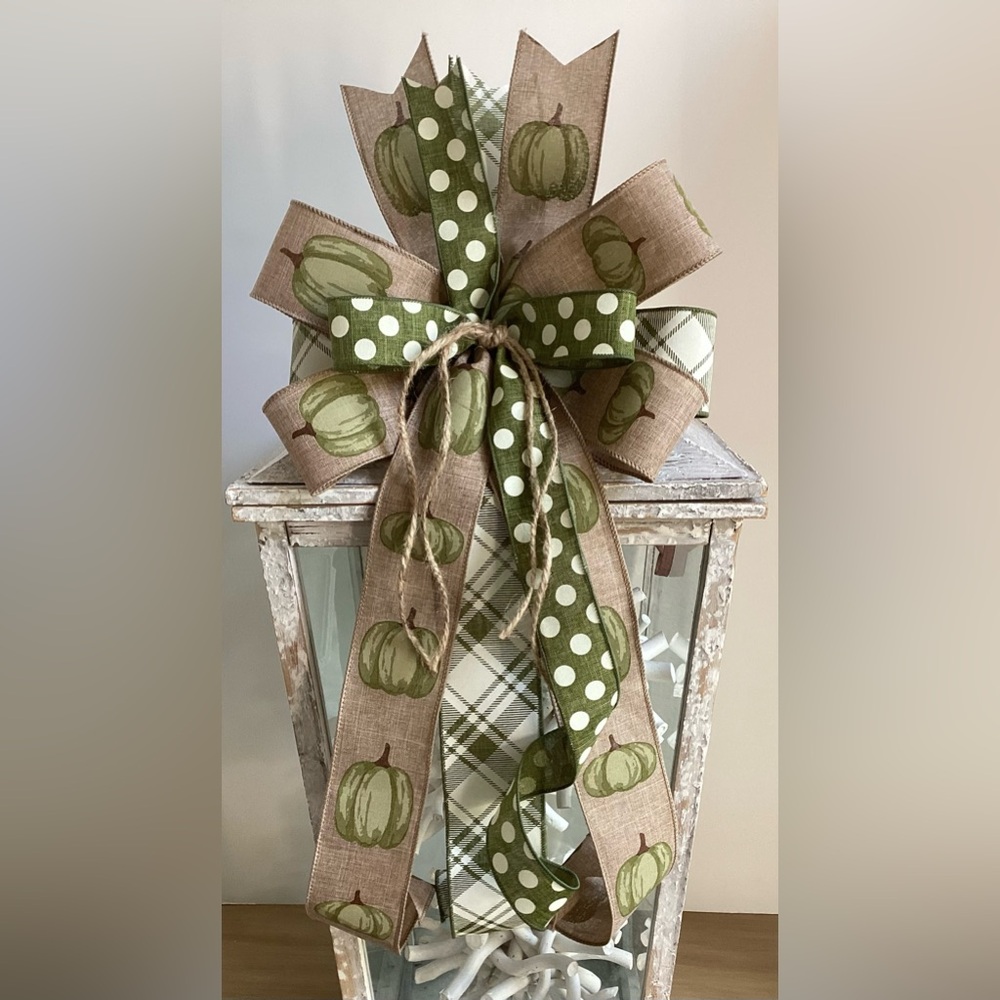 Fall Pumpkin Bow, Wreath Bow, Wreath Accent, Lantern Bow, & Green Pumpkin Bow.